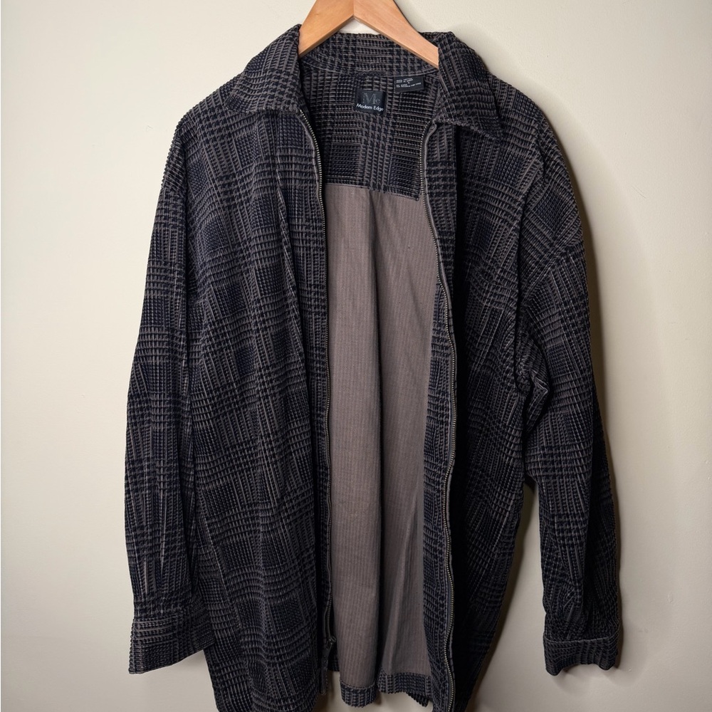 Vintage Brown Corduroy Plaid Checkered Full Zip Jacket Side Pocket Men L Cotton